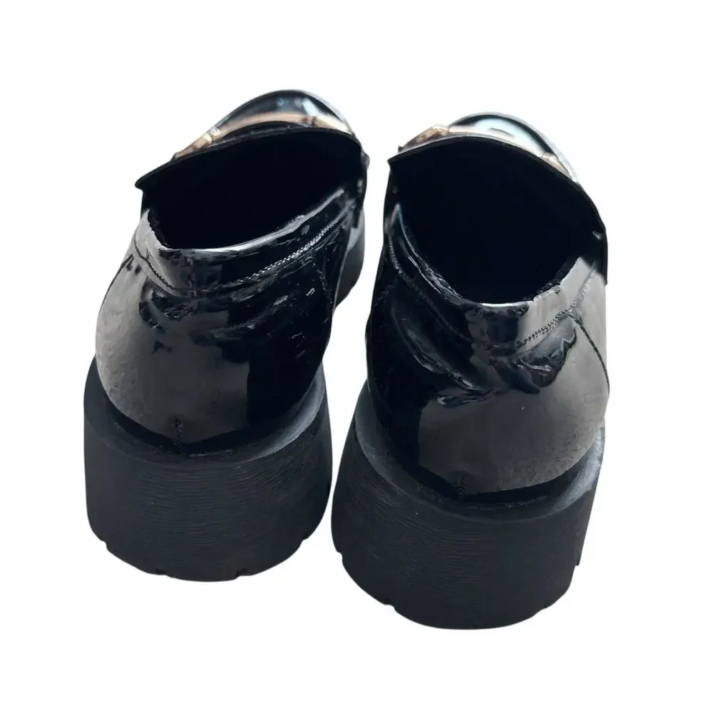 Bamboo Loafers Womens 7.5 Black Patent Horsebit Chunky Lug Platform Shoes